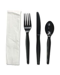 BWKFKTNMWPSBLA FOUR-PIECE CUTLERY KIT, FORK/KNIFE/NAPKIN/TEASPOON, BLACK, 250/CARTON