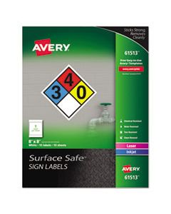 AVE61513 SURFACE SAFE SIGN LABELS, INKJET/LASER PRINTERS, 8 X 8, WHITE, 15/PACK