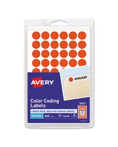 AVE05051 HANDWRITE ONLY SELF-ADHESIVE REMOVABLE ROUND COLOR-CODING LABELS, 0.5" DIA., NEON RED, 60/SHEET, 14 SHEETS/PACK