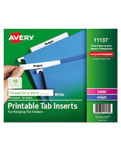 AVE11137 TABS INSERTS FOR HANGING FILE FOLDERS, 1/3-CUT TABS, WHITE, 3.5" WIDE, 100/PACK