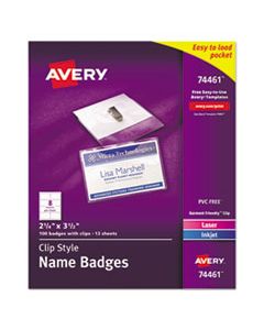 AVE74461 CLIP-STYLE BADGE HOLDER WITH LASER/INKJET INSERT, TOP LOAD, 3.5 X 2.25, WHITE, 100/BOX