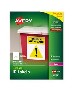 AVE6575 DURABLE PERMANENT ID LABELS WITH TRUEBLOCK TECHNOLOGY, LASER PRINTERS, 8.5 X 11, WHITE, 50/PACK