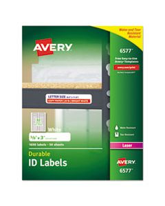 AVE6577 DURABLE PERMANENT ID LABELS WITH TRUEBLOCK TECHNOLOGY, LASER PRINTERS, 0.63 X 3, WHITE, 32/SHEET, 50 SHEETS/PACK