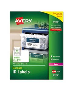 AVE6578 DURABLE PERMANENT ID LABELS WITH TRUEBLOCK TECHNOLOGY, LASER PRINTERS, 2 X 2.63, WHITE, 15/SHEET, 50 SHEETS/PACK