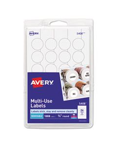 AVE05408 REMOVABLE MULTI-USE LABELS, INKJET/LASER PRINTERS, 0.75" DIA., WHITE, 24/SHEET, 42 SHEETS/PACK