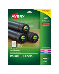 AVE6582 PRINT-TO-THE EDGE LABELS W/SUREFEED & EASYPEEL, 1 2/3" DIA, GLOSSY CLEAR, 500/PK