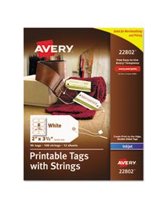 AVE22802 PRINTABLE RECTANGULAR TAGS WITH STRINGS, 2 X 3 1/2, MATTE WHITE, 96/PACK