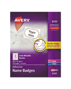 AVE8720 FLEXIBLE ADHESIVE NAME BADGE LABELS, 3 3/8 X 2 1/3, WHITE/GOLD BORDER, 120/PK