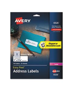 AVE6526 GLOSSY WHITE EASY PEEL MAILING LABELS W/ SURE FEED TECHNOLOGY, LASER PRINTERS, 1 X 2.63, WHITE, 30/SHEET, 25 SHEETS/PACK
