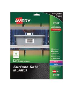 AVE61503 SURFACE SAFE ID LABELS, INKJET/LASER PRINTERS, 2 X 3.5, WHITE, 10/SHEET, 25 SHEETS/PACK