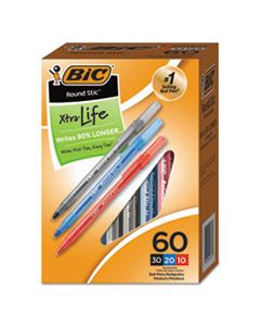 BICGSM609AST ROUND STIC XTRA PRECISION STICK BALLPOINT PEN, 1MM, ASSORTED INK/BARREL, 60/PACK
