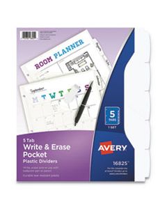 AVE16825 WRITE AND ERASE DURABLE PLASTIC DIVIDERS WITH POCKET, 5-TAB, 11.13 X 9.25, WHITE, 1 SET