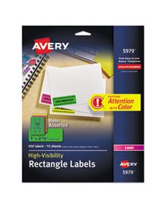 AVE5979 HIGH-VISIBILITY PERMANENT LASER ID LABELS, 1 X 2 5/8, ASST. NEON, 450/PACK