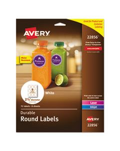 AVE22856 DURABLE WHITE ID LABELS W/ SURE FEED, 2 1/2" DIA, WHITE, 72/PK