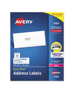 AVE5160 EASY PEEL WHITE ADDRESS LABELS W/ SURE FEED TECHNOLOGY, LASER PRINTERS, 1 X 2.63, WHITE, 30/SHEET, 100 SHEETS/BOX