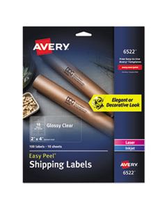 AVE6522 GLOSSY CLEAR EASY PEEL MAILING LABELS W/ SURE FEED TECHNOLOGY, INKJET/LASER PRINTERS, 2 X 4, CLEAR, 10/SHEET, 10 SHEETS/PACK