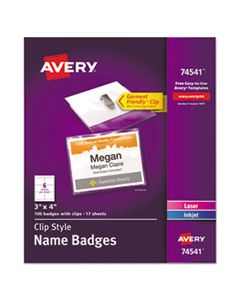 AVE74541 CLIP-STYLE NAME BADGE HOLDER WITH LASER/INKJET INSERT, TOP LOAD, 4 X 3, WHITE, 100/BOX