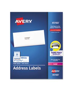 AVE45160 WHITE ADDRESS LABELS W/ SURE FEED TECHNOLOGY FOR LASER PRINTERS, LASER PRINTERS, 1 X 2.63, WHITE, 30/SHEET, 250 SHEETS/BOX