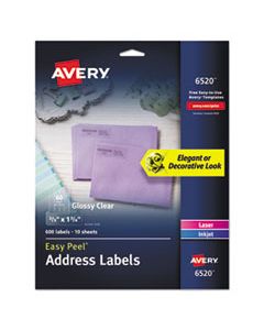 AVE6520 GLOSSY CLEAR EASY PEEL MAILING LABELS W/ SURE FEED TECHNOLOGY, INKJET/LASER PRINTERS, 0.66 X 1.75, 60/SHEET, 10 SHEETS/PK