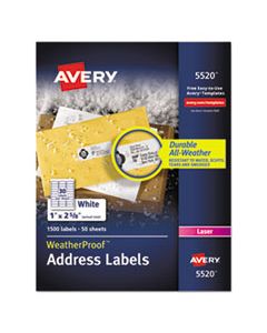 AVE5520 WEATHERPROOF DURABLE MAILING LABELS W/ TRUEBLOCK TECHNOLOGY, LASER PRINTERS, 1 X 2.63, WHITE, 30/SHEET, 50 SHEETS/PACK