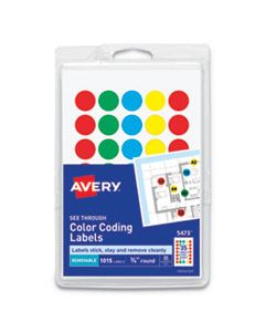 AVE05473 HANDWRITE-ONLY SELF-ADHESIVE "SEE THROUGH" REMOVABLE ROUND COLOR DOTS, 0.75" DIA., ASSORTED COLORS, 35/SHEET, 29 SHEETS/PACK