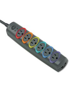 KMW62144 SMARTSOCKETS COLOR-CODED STRIP SURGE PROTECTOR, 6 OUTLETS, 8FT CORD, 1260 JOULES