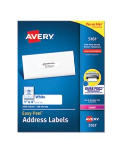 AVE5161 EASY PEEL WHITE ADDRESS LABELS W/ SURE FEED TECHNOLOGY, LASER PRINTERS, 1 X 4, WHITE, 20/SHEET, 100 SHEETS/BOX