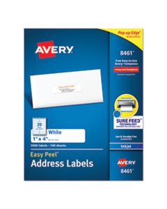 AVE8461 EASY PEEL WHITE ADDRESS LABELS W/ SURE FEED TECHNOLOGY, INKJET PRINTERS, 1 X 4, WHITE, 20/SHEET, 100 SHEETS/BOX