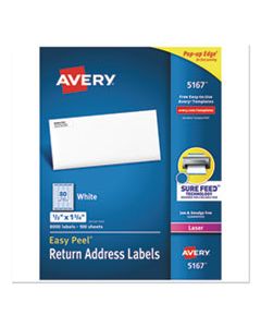 AVE5167 EASY PEEL WHITE ADDRESS LABELS W/ SURE FEED TECHNOLOGY, LASER PRINTERS, 0.5 X 1.75, WHITE, 80/SHEET, 100 SHEETS/BOX