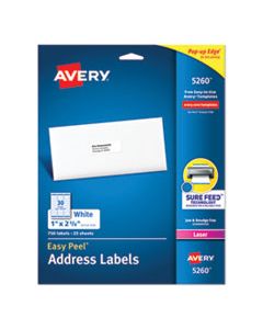 AVE5260 EASY PEEL WHITE ADDRESS LABELS W/ SURE FEED TECHNOLOGY, LASER PRINTERS, 1 X 2.63, WHITE, 30/SHEET, 25 SHEETS/PACK