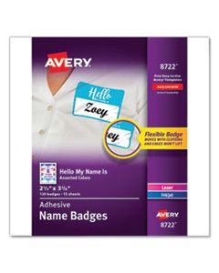 AVE8722 FLEXIBLE ADHESIVE NAME BADGE LABELS, "HELLO", 3 3/8 X 2 1/3, ASSORTED, 120/PK