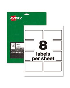 AVE61530 PERMATRACK DURABLE WHITE ASSET TAG LABELS, LASER PRINTERS, 2 X 3.75, WHITE, 8/SHEET, 8 SHEETS/PACK