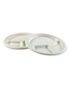 BWKPLATEWF3CM10 BAGASSE MOLDED FIBER DINNERWARE, 3-COMPARTMENT PLATE, 10" DIAMETER, WHITE, 500/CARTON