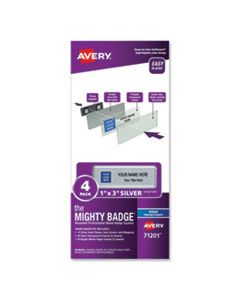 AVE71201 THE MIGHTY BADGE NAME BADGE HOLDER KIT, HORIZONTAL, 3 X 1, INKJET, SILVER, 4 HOLDERS/32 INSERTS