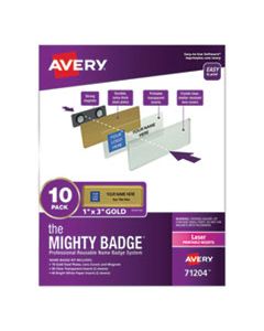 AVE71204 THE MIGHTY BADGE NAME BADGE HOLDER KIT, HORIZONTAL, 3 X 1, LASER, GOLD, 10 HOLDERS/ 80 INSERTS