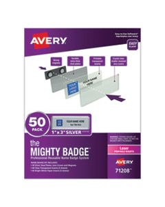 AVE71208 THE MIGHTY BADGE NAME BADGE HOLDER KIT, HORIZONTAL, 3 X 1, LASER, SILVER, 50 HOLDERS/120 INSERTS