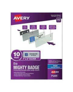 AVE71205 THE MIGHTY BADGE NAME BADGE HOLDER KIT, HORIZONTAL, 3 X 1, INKJET, SILVER, 10 HOLDERS/ 80 INSERTS