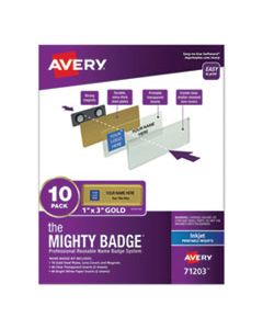 AVE71203 THE MIGHTY BADGE NAME BADGE HOLDER KIT, HORIZONTAL, 3 X 1, INKJET, GOLD, 10 HOLDERS/ 80 INSERTS