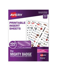 AVE71210 THE MIGHTY BADGE NAME BADGE INSERTS, 1 X 3, CLEAR, LASER, 20/SHEET, 5 SHEETS/PACK