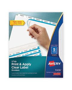 AVE11436 PRINT AND APPLY INDEX MAKER CLEAR LABEL DIVIDERS, 5 WHITE TABS, LETTER, 5 SETS