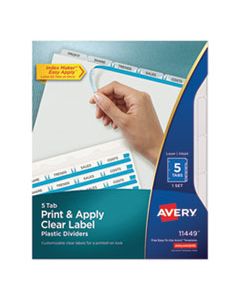 AVE11449 PRINT AND APPLY INDEX MAKER CLEAR LABEL PLASTIC DIVIDERS WITH PRINTABLE LABEL STRIP, 5-TAB, 11 X 8.5, TRANSLUCENT, 1 SET
