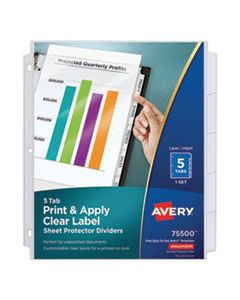 AVE75500 PRINT AND APPLY INDEX MAKER CLEAR LABEL SHEET PROTECTOR DIVIDERS WITH WHITE TABS, 5-TAB, 11 X 8.5, WHITE, 1 SET