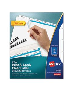 AVE11431 PRINT AND APPLY INDEX MAKER CLEAR LABEL UNPUNCHED DIVIDERS, 5TAB, LETTER, 5 SETS