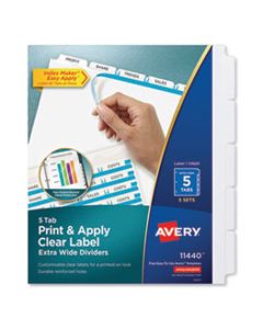 AVE11440 PRINT AND APPLY INDEX MAKER CLEAR LABEL DIVIDERS, 5 WHITE TABS, LETTER, 5 SETS
