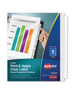AVE75501 PRINT AND APPLY INDEX MAKER CLEAR LABEL SHEET PROTECTOR DIVIDERS WITH WHITE TABS, 8-TAB, 11 X 8.5, CLEAR, 1 SET