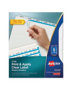 AVE12449 PRINT AND APPLY INDEX MAKER CLEAR LABEL PLASTIC DIVIDERS WITH PRINTABLE LABEL STRIP, 5-TAB, 11 X 8.5, TRANSLUCENT, 5 SETS
