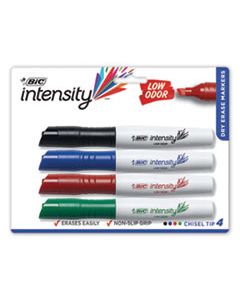 BICGDEMP41ASST INTENSITY LOW ODOR DRY ERASE MARKER, BROAD CHISEL TIP, ASSORTED COLORS, 4/SET