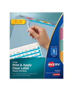 AVE11452 PRINT AND APPLY INDEX MAKER CLEAR LABEL PLASTIC DIVIDERS WITH PRINTABLE LABEL STRIP, 5-TAB, 11 X 8.5, TRANSLUCENT, 1 SET