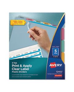 AVE12452 PRINT AND APPLY INDEX MAKER CLEAR LABEL PLASTIC DIVIDERS WITH PRINTABLE LABEL STRIP, 5-TAB, 11 X 8.5, TRANSLUCENT, 5 SETS