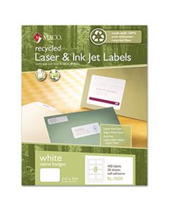 MACRL7000 RECYCLED LASER/INKJET WHITE NAME BADGE LABELS, 3 3/8 X 2 1/3, WHITE, 400/BOX